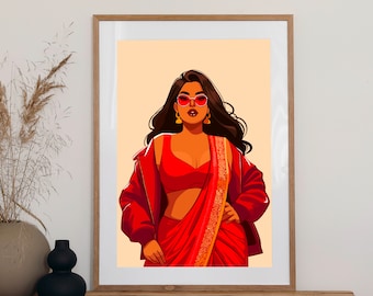 Badass Indian Wall Art, Desi Art, Curvy South Asian Woman Art, Brown Girl Art, South Indian Art, Tamil Girl Illustration, Indian Art