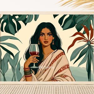 Modern Indian Woman Drinking Art, Desi Art, Indian Wall Art, South Asian Art, Indian Art, Brown Girl, South Asian Prints, Desi Wine Art