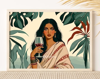 Modern Indian Woman Drinking Art, Desi Art, Indian Wall Art, South Asian Art, Indian Art, Brown Girl, South Asian Prints, Desi Wine Art