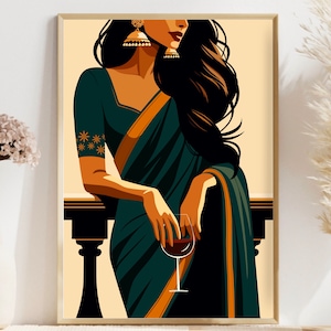 Modern Indian Woman Drinking Art, Desi Art, Indian Wall Art, South Asian Art, Indian Art, Brown Girl, South Asian Prints, Desi Wine Art