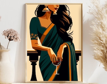 Modern Indian Woman Drinking Art, Desi Art, Indian Wall Art, South Asian Art, Indian Art, Brown Girl, South Asian Prints, Desi Wine Art