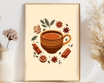 Puede incluir: Una taza de cerámica marrón llena de una bebida caliente, rodeada de palitos de canela, anís estrellado, rodajas de naranja y hojas verdes. La taza tiene un patrón decorativo alrededor del borde.