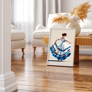 May include: A framed art print featuring a stylized illustration of a woman in a traditional dress. The dress is white with blue and yellow stripes. The woman is holding the skirt out. The background is a neutral color.