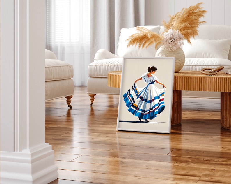May include: A framed art print featuring a stylized illustration of a woman in a traditional dress. The dress is white with blue and yellow stripes. The woman is holding the skirt out. The background is a neutral color.