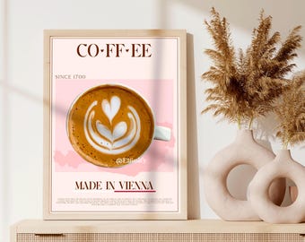 Coffee Digital Poster, Vienna Travel Print, France Kitchen Decor, Retro Coffee Art, Vintage Food Art, Coffee Shop Wall Art, Aesthetic Art