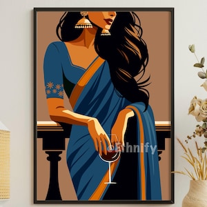 Modern Indian Woman Drinking Art, Desi Art, Indian Wall Art, South Asian Art, Indian Art, Brown Girl, South Asian Prints, Desi Wine Art