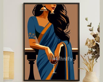 Modern Indian Woman Drinking Art, Desi Art, Indian Wall Art, South Asian Art, Indian Art, Brown Girl, South Asian Prints, Desi Wine Art