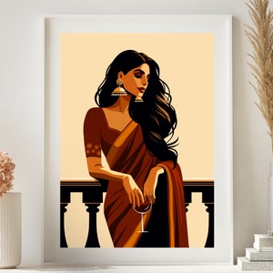 Modern Indian Woman Drinking Art, Desi Art, Indian Wall Art, South Asian Art, Indian Art, Brown Girl, South Asian Prints, Desi Wine Art