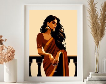Modern Indian Woman Drinking Art, Desi Art, Indian Wall Art, South Asian Art, Indian Art, Brown Girl, South Asian Prints, Desi Wine Art