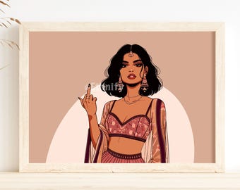 Badass Indian Wall Art Middle Finger Art Desi South Asian Woman Art Brown Girl Art South Indian Art Tamil Girl Modern Indian Art Digital