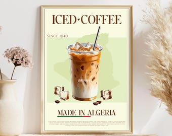 Iced Coffee Digital Poster, Travel Print, Kitchen Decor, Retro Coffee Art, Vintage Food Art, Coffee Shop Art, Drink Poster Illustration