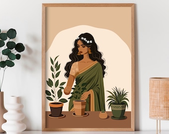 Desi Plant Mom Art South Asian Art Desi Art Tamil girl South Asian Wall Art Desi Girl Desi illustration Modern Indian Art Indian Wall Art