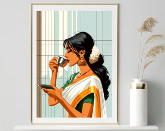 Chai Lover Art, Chai Art, Desi Art, South Asian Art, Indian Art, Bangladeshi Art, Tamil Girl, Brown Girl, Pakistani Art, Tamil Girl Print