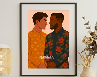 Gay South Asian Man and African American Man Brown Black Couple Art Gender Bender Indian Gay Art Queer Art Brown LGBTQ Digital Poster