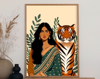 May include: A digital illustration of a woman with long dark hair wearing a green and gold patterned sari. She is standing next to a tiger with orange and black stripes. The background is a light yellow with green leaves.