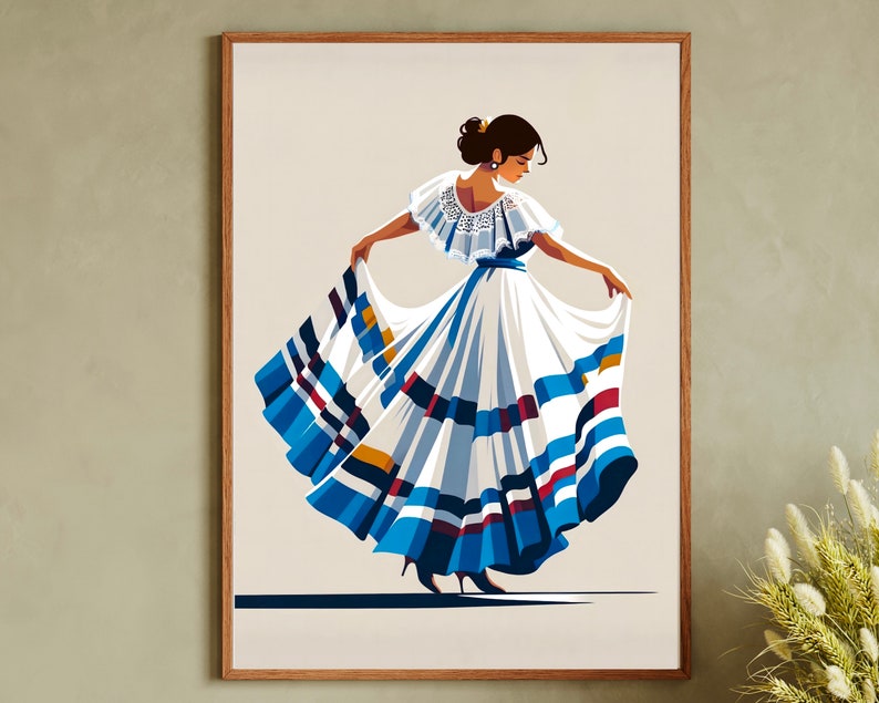 May include: Illustration of a woman in a traditional white dress with blue and red accents, holding the skirt out. The artwork is framed in a wooden frame, with a neutral background. The woman has dark hair and is wearing a white top with a ruffled collar.