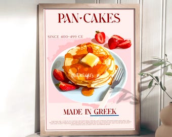 Pancakes Digital Poster, Greek Europe Food Art, American Kitchen Decor, Retro Dessert Vintage Shop Prints, Food Poster Illustration