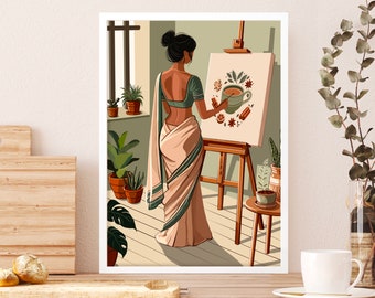 Desi Plant Mom Art South Asian Artist Art Desi Art Tamil Girl South Asian Wall Art Desi Girl Desi Illustration Modern Indian Wall Art