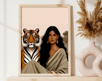 Indian Baddie Art, Indian Art, Indian Woman with Tiger Art, Tiger Print, Desi Art, South Asian Art, Brown Girl, Tamil girl, American Indian