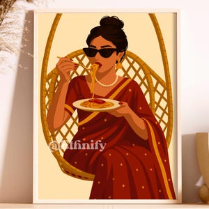 Indian Woman Eating Art, Desi Art, Indian Wall Art, South Asian Art, Indian Art, Brown Girl, South Asian Prints, Desi Wine Art