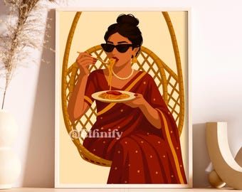 Indian Woman Eating Art, Desi Art, Indian Wall Art, South Asian Art, Indian Art, Brown Girl, South Asian Prints, Desi Wine Art