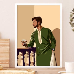 May include: A man in a green long-sleeved shirt with a white collar and a white trim on the sleeves is standing in front of a railing. He is holding a glass of amber liquid in his right hand. The background is a light beige color.