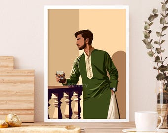 Modern Indian Man Drinking Whiskey Art Desi Man Art Indian Wall Art South Asian Art Traditional Indian Groom South Asian Prints Whiskey Art