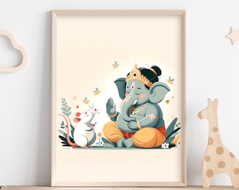 May include: A digital illustration of the Hindu deity Ganesha, depicted as a blue elephant with a human body, sitting in a meditative pose. He is wearing a yellow dhoti and a gold crown. A white rat is standing in front of him, looking up at him. The background is a light beige with green leaves and flowers.