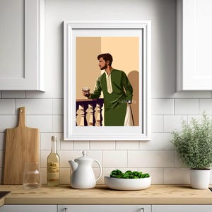 May include: A digital illustration of a man in a green long-sleeved shirt standing on a balcony and holding a glass of liquid. The background is a light orange color.