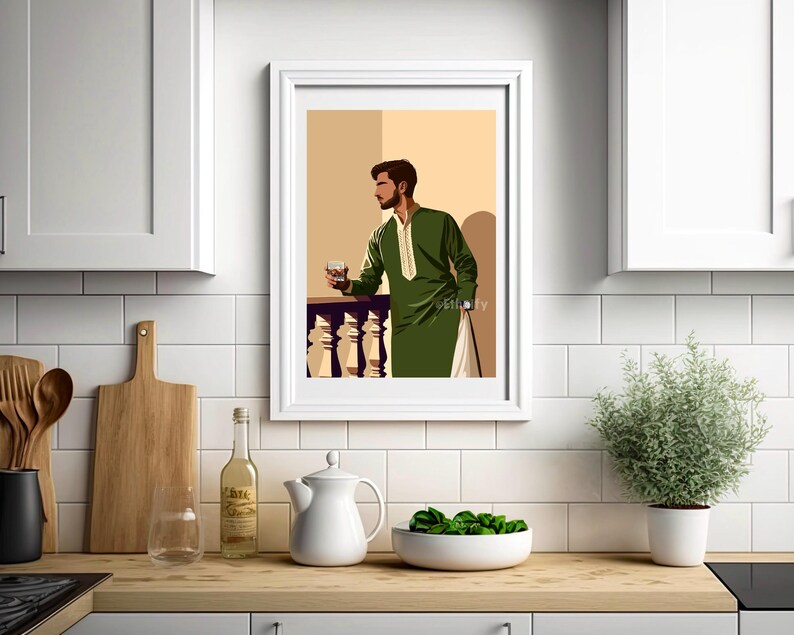 May include: A digital illustration of a man in a green long-sleeved shirt standing on a balcony and holding a glass of liquid. The background is a light orange color.