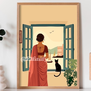 Modern Indian Woman Cat Art, Desi Art, Indian Wall Art, South Asian Art, Indian Art, Brown Girl, South Asian Prints, Desi Cat Art