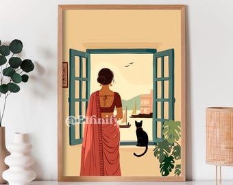 Modern Indian Woman Cat Art, Desi Art, Indian Wall Art, South Asian Art, Indian Art, Brown Girl, South Asian Prints, Desi Cat Art