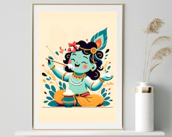 Arte del bebé Krishna, Makhan Chor, arte de Krishna, Krishna, arte de dios hindú, arte mural de dios indio, arte del sur de Asia, arte indio, arte mural hindú