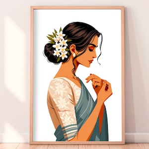 South Asian Art, Brown Girl Art, Tamil girl, South Asian Wall Art, Desi Girl, Desi illustration, American Indian Art, Indian Wall Art