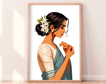 South Asian Art, Brown Girl Art, Tamil girl, South Asian Wall Art, Desi Girl, Desi illustration, American Indian Art, Indian Wall Art