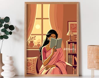 Indian Woman Reading Book Art, South Asian Art, Indian Art, Desi Art, North Indian Art, Pakistani Art, Brown Girl Art, India, Digital Art