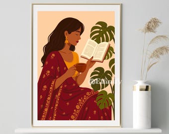 Indian Woman Reading Book Art, South Asian Art, Indian Art, Desi Art, North Indian Art, Pakistani Art, Brown Girl Art, India, Digital Art