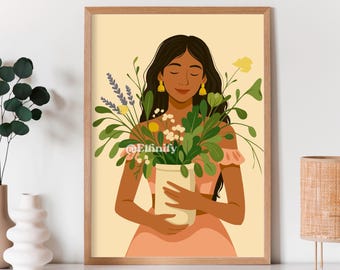 Indian Woman Plant Mum Art, Desi Art, Indian Wall Art, South Asian Art, Indian Art, Brown Girl, South Asian Prints, Nursery Art