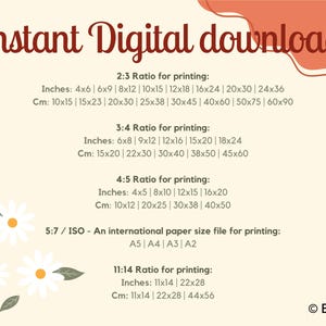 May include: Cream-colored digital download print details ratios and sizes. Includes 2:3, 3:4, 4:5, 5:7/ISO, and 11:14 ratios. Sizes are listed in inches and centimeters. The text reads "Instant Digital download".