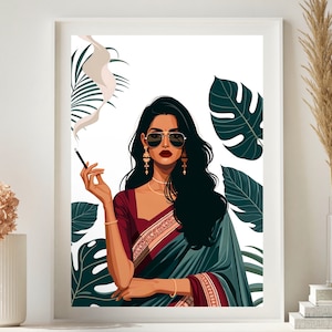 May include: A woman with long black hair wears sunglasses and a green and burgundy sari. She holds a cigarette in her right hand and has a tropical leaf design behind her.