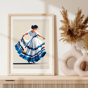May include: A framed art print featuring a stylized illustration of a woman in a traditional dress. The dress is white with blue and red stripes. The woman is depicted with dark hair and is holding the skirt of her dress. The artwork is displayed on a light-colored wall.