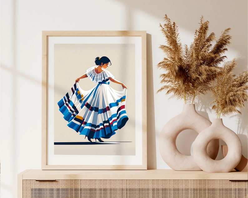 May include: A framed art print featuring a stylized illustration of a woman in a traditional dress. The dress is white with blue and red stripes. The woman is depicted with dark hair and is holding the skirt of her dress. The artwork is displayed on a light-colored wall.