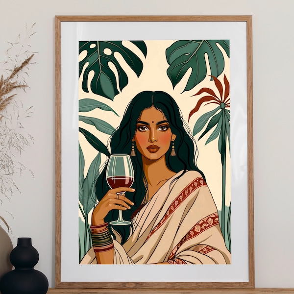 Modern Indian Woman Drinking Art, Desi Art, Indian Wall Art, South Asian Art, Indian Art, Brown Girl, South Asian Prints, Desi Wine Art