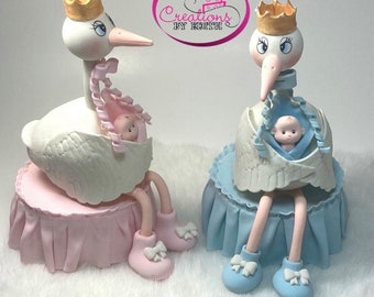 Stork with baby cake topper/centerpiece in cold porcelain