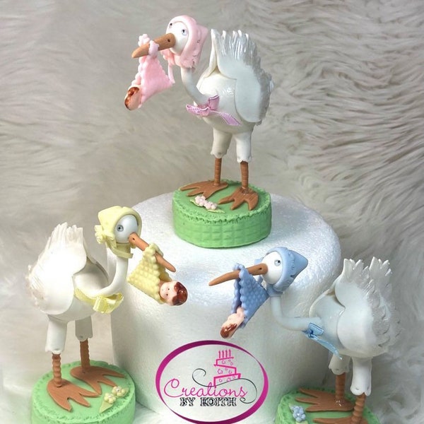 Stork holding baby cake topper, centerpiece, table decor, baby shower, cold porcelain