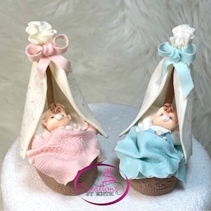 Baby in brown bassinet cake topper/baby shower/cold porcelain