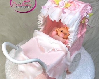 Baby Stroller/carriage, Baby Shower cake topper/ cold porcelain baby boy, baby girl