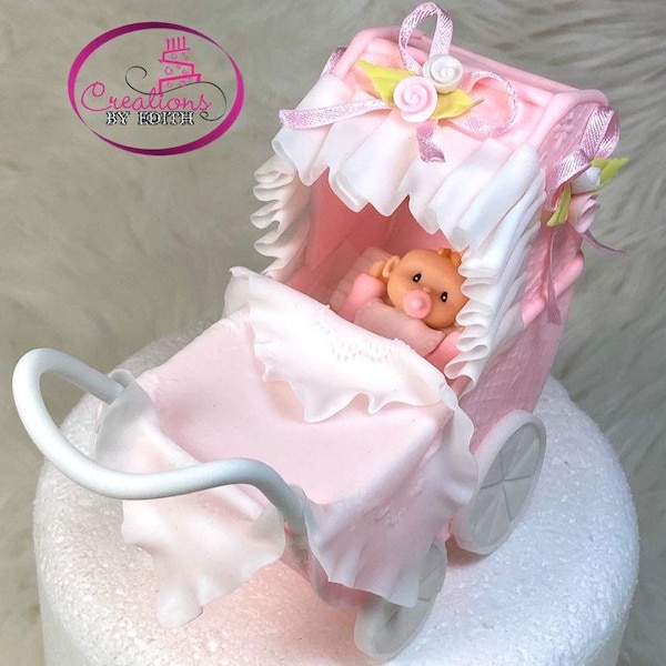 Poussette / poussette, Baby Shower cake topper / porcelaine froide bébé garçon, bébé fille