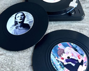 Custom Vinyl Record Coasters + Turntable Holder | Record Player, Coasters, Art Collectible, Album Cover, Music, Spotify Code