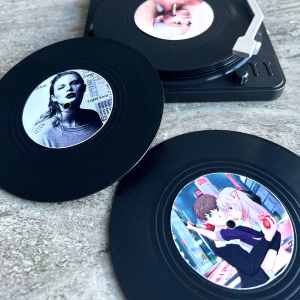 Custom Vinyl Record Coasters + Turntable Holder | Record Player, Coasters, Art Collectible, Album Cover, Music, Spotify Code